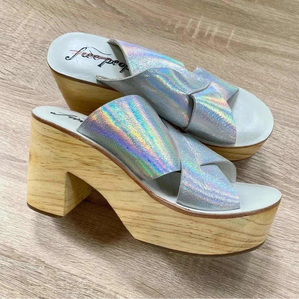 New Free People Kora Platform Sandals Wood Metallic Silver Size 8